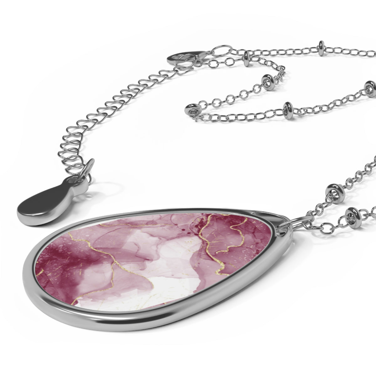 Elegant Rose Marble-Print Oval Pendant Necklace
