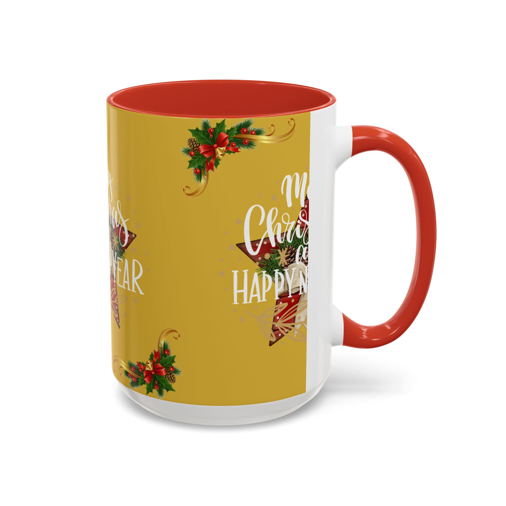 Christmas Coffee Mug - "Merry Christmas and Happy New Year" Accent Holiday Tea Cup (15oz)