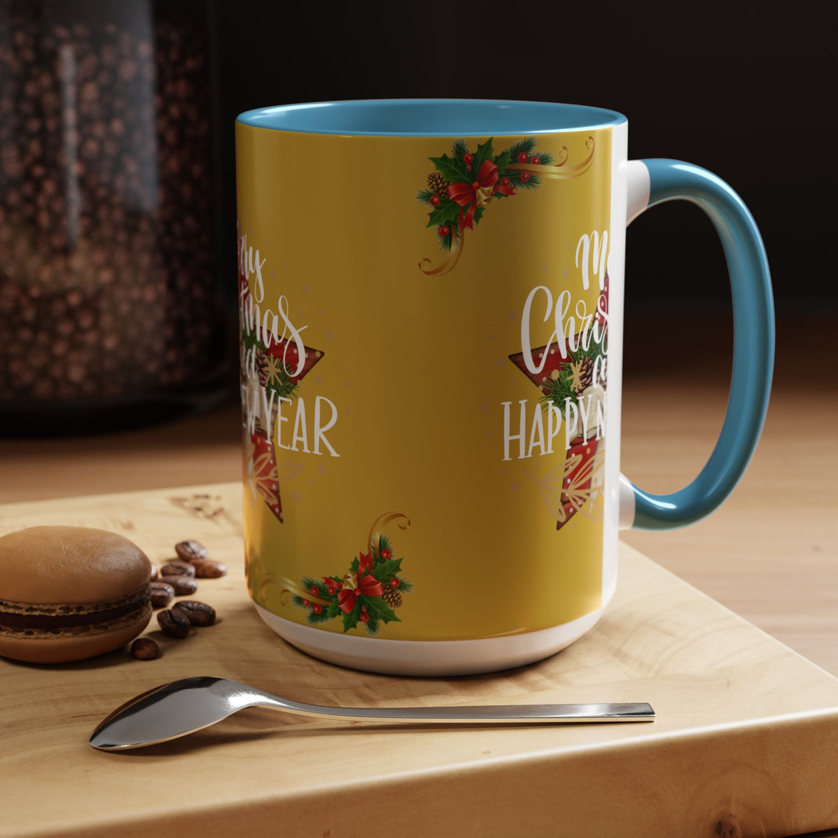 Christmas Coffee Mug - "Merry Christmas and Happy New Year" Accent Holiday Tea Cup (15oz)