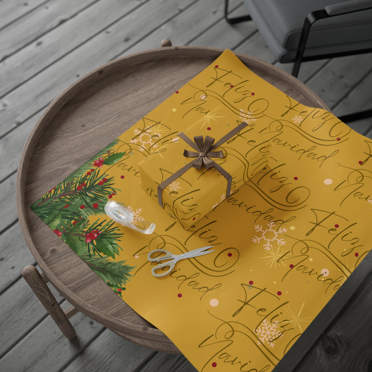 Christmas Wrapping Paper – “Feliz Navidad” Gold Holiday Gift Wrap with Evergreen & Snowflake Pattern