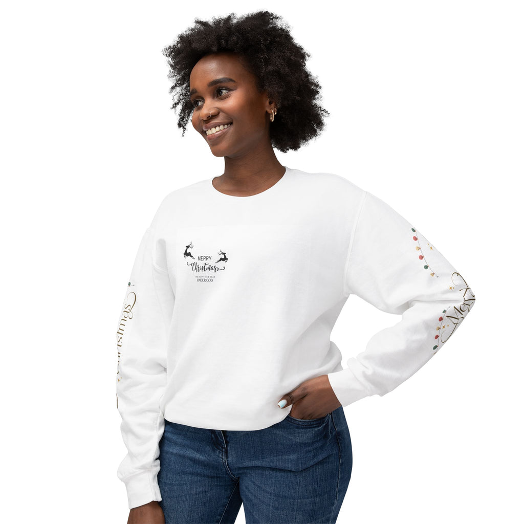 Christmas Graphic Crewneck Sweatshirt — Merry Christmas Holiday Sweater with Festive Sleeve Prints