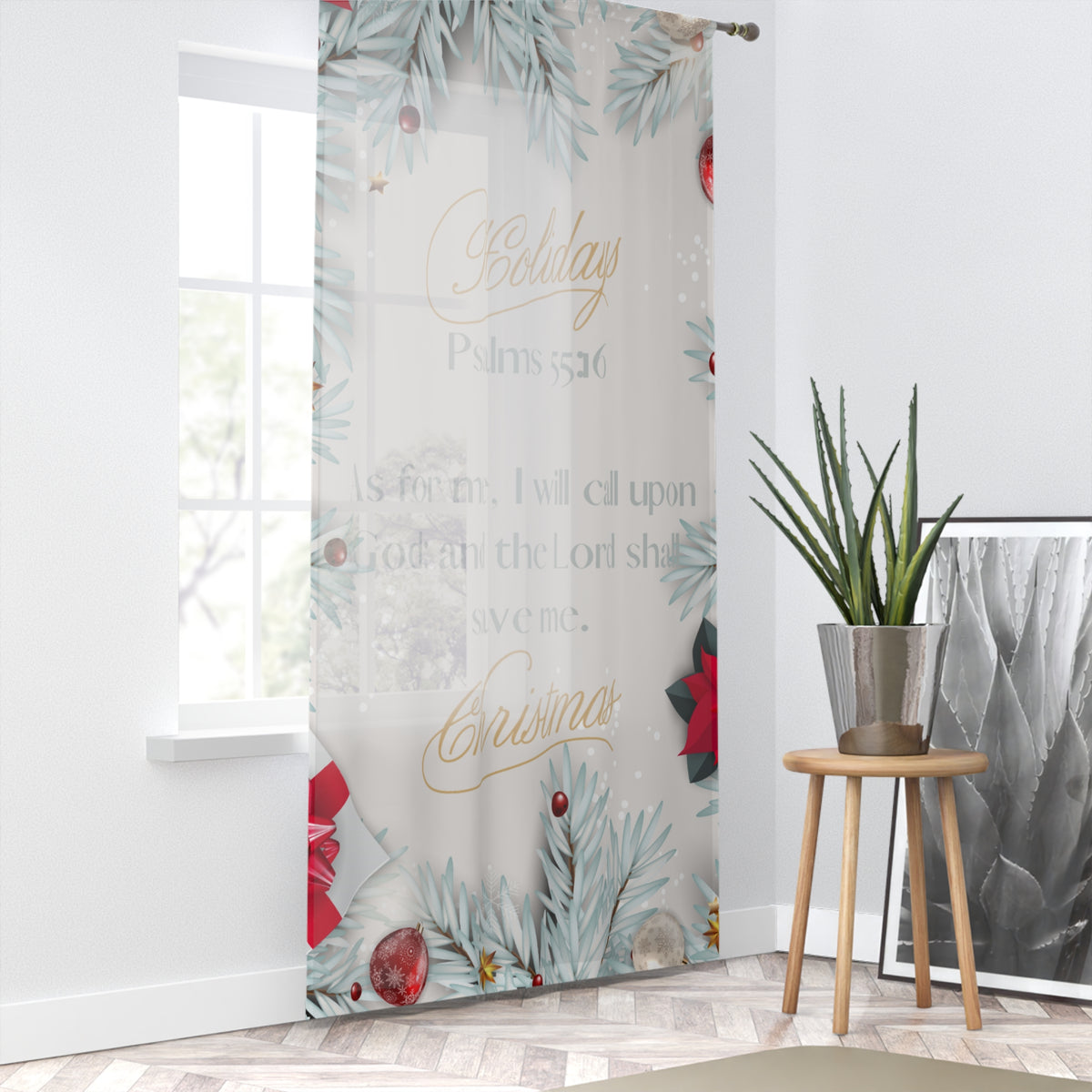 Christmas Scripture Sheer Curtain - "Psalms 55:16" Holiday Window Panel