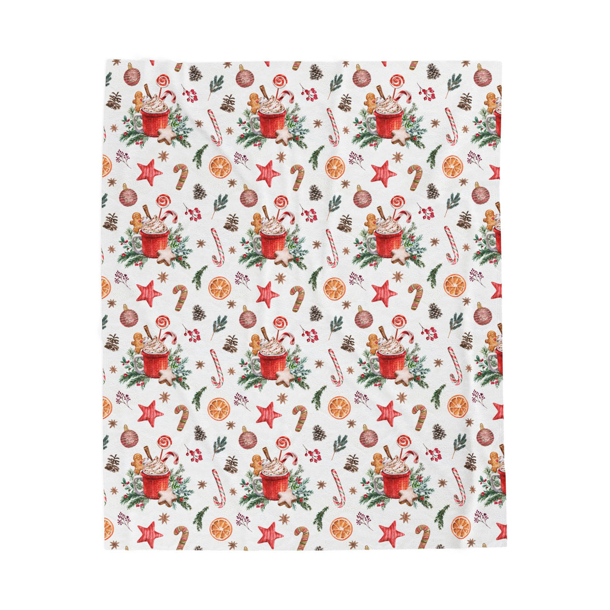 Christmas Hot Cocoa Pattern Velveteen Plush Blanket — Cozy Holiday Throw with Candy Canes & Ornaments