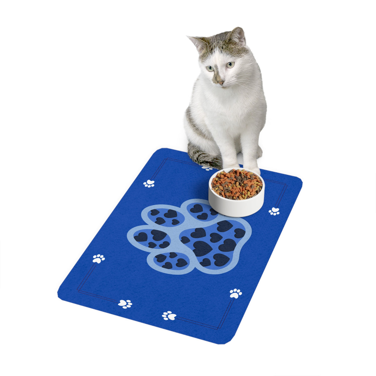 Blue Paw Print Lovely Pet Food Mat (12x18) — Non-Slip Feeding Placemat for Dogs & Cats