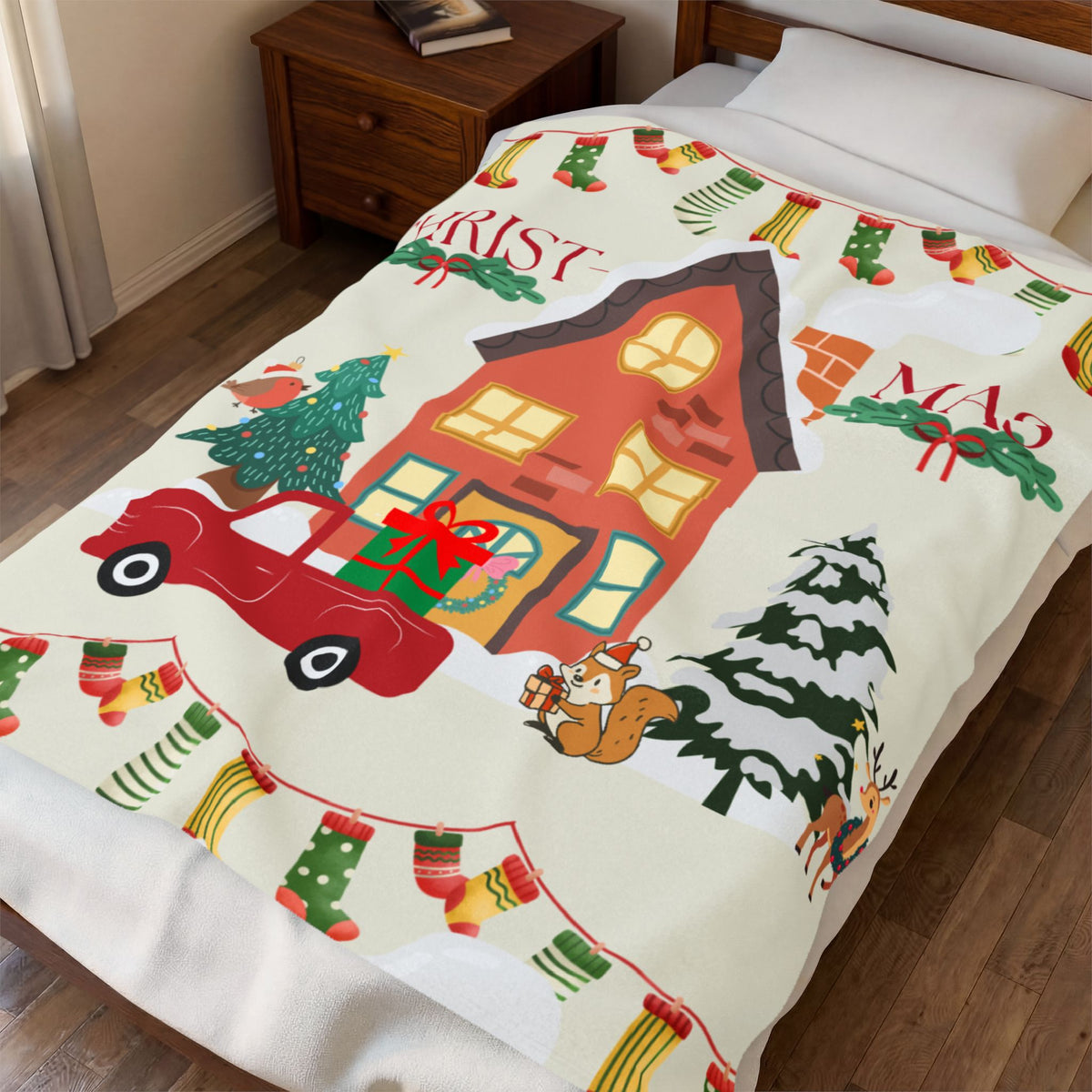Christmas Cozy Velveteen Blanket & Holiday House Plush Throw