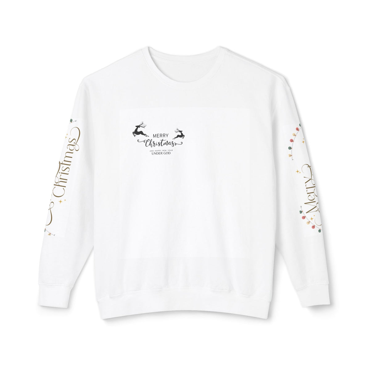 Christmas Graphic Crewneck Sweatshirt — Merry Christmas Holiday Sweater with Festive Sleeve Prints