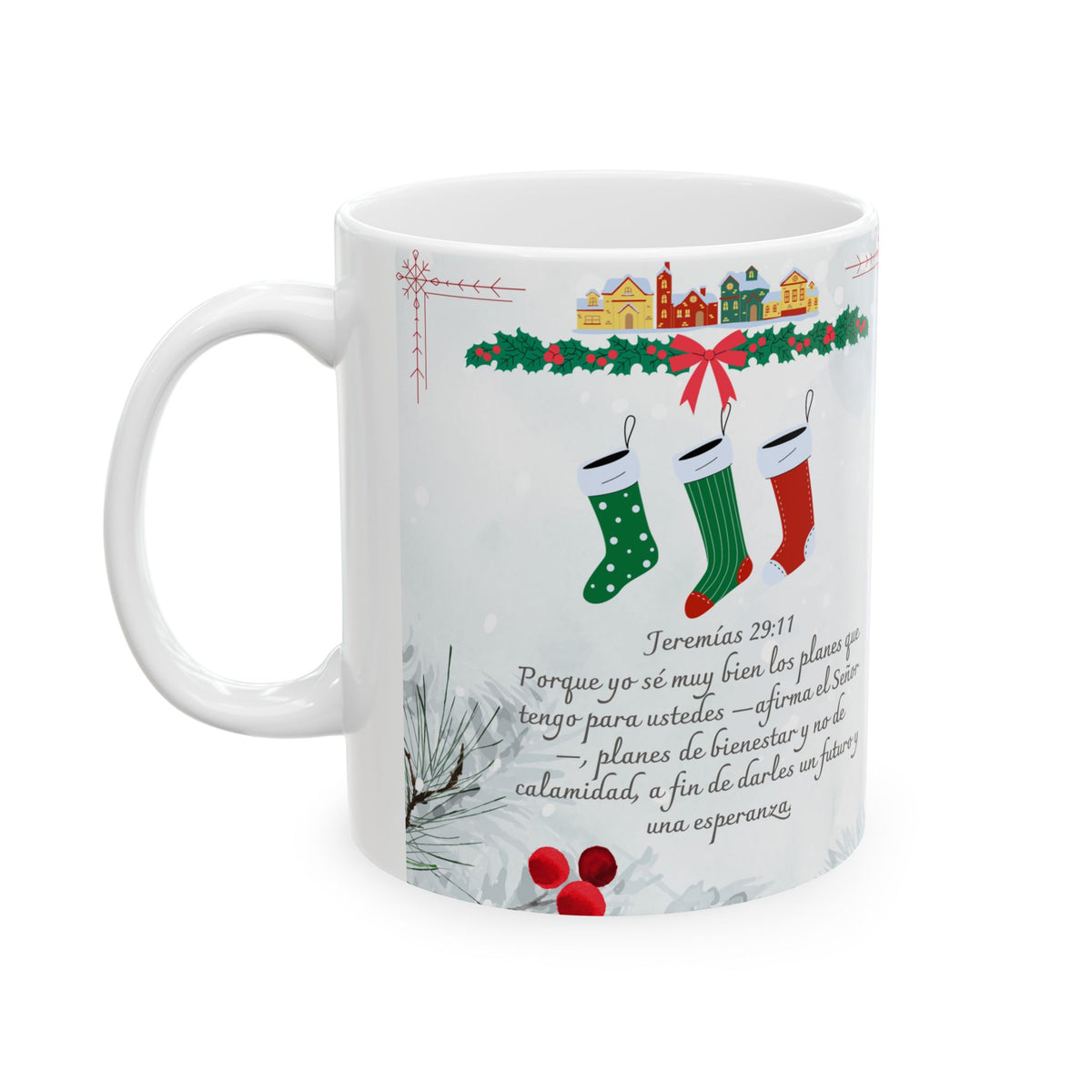 Christmas Bible Verses Ceramic Mug (11oz) — Holiday Holly & Snow Design