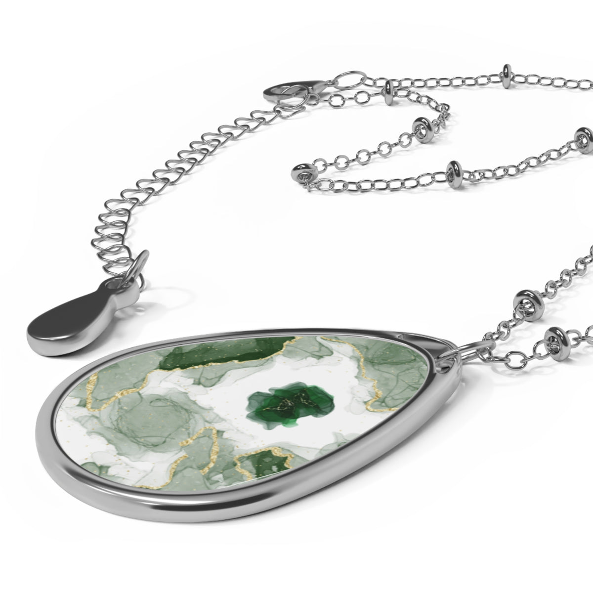Elegant Green Marble-Print Oval Pendant Necklace