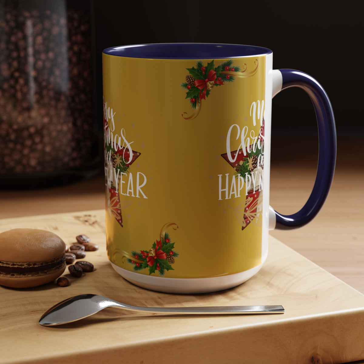 Christmas Coffee Mug - "Merry Christmas and Happy New Year" Accent Holiday Tea Cup (15oz)