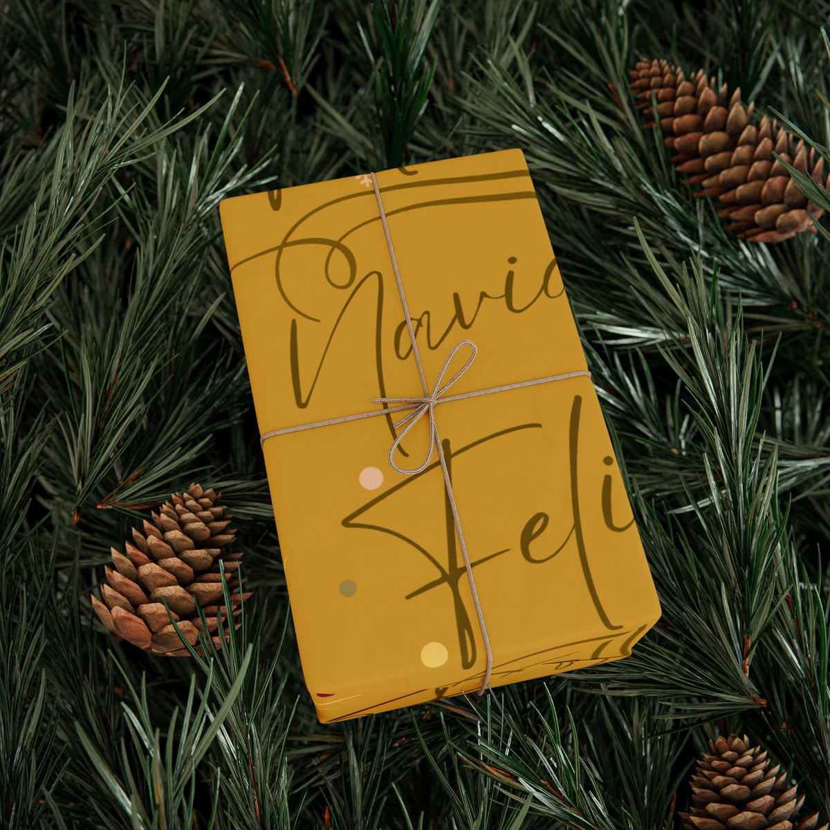 Christmas Wrapping Paper – “Feliz Navidad” Gold Holiday Gift Wrap with Evergreen & Snowflake Pattern