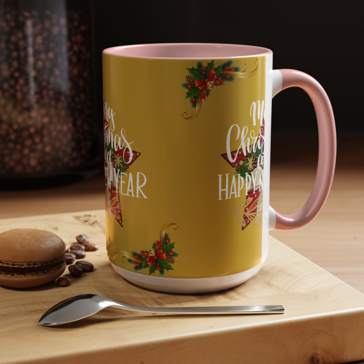 Christmas Coffee Mug - "Merry Christmas and Happy New Year" Accent Holiday Tea Cup (15oz)