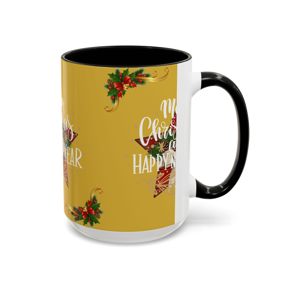 Christmas Coffee Mug - "Merry Christmas and Happy New Year" Accent Holiday Tea Cup (15oz)