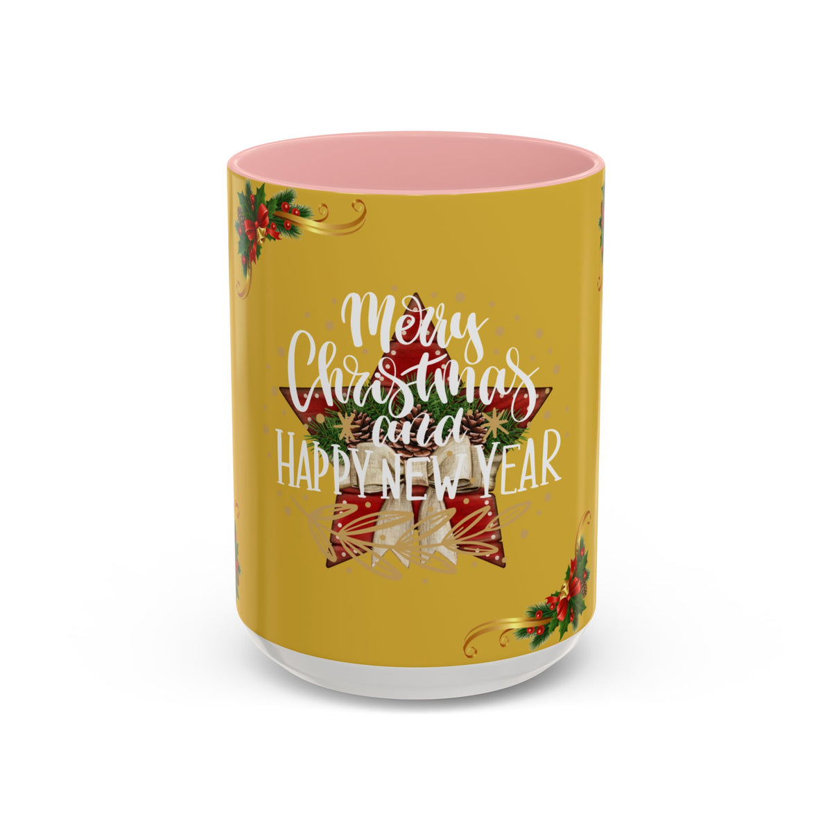 Christmas Coffee Mug - "Merry Christmas and Happy New Year" Accent Holiday Tea Cup (15oz)