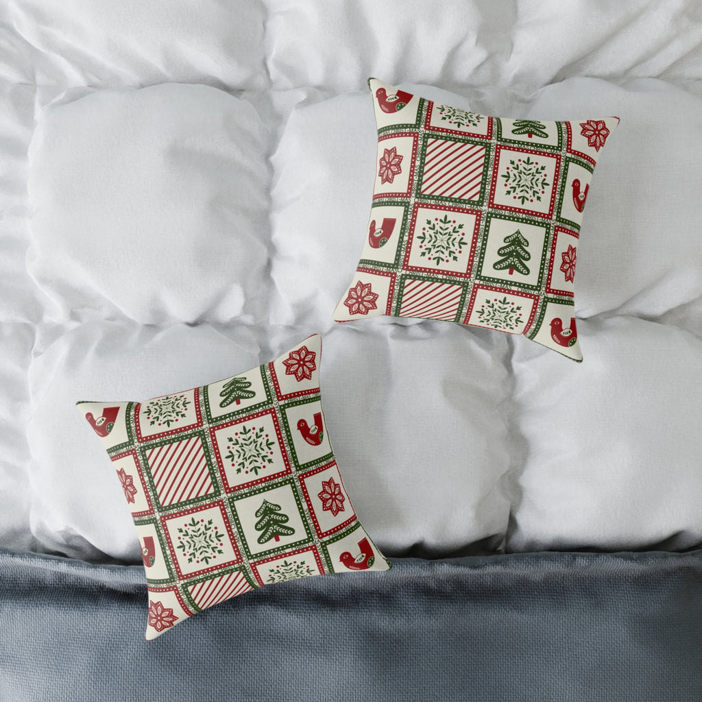 Christmas Holiday Patchwork Throw Pillow | Square Poly Canvas Pillow