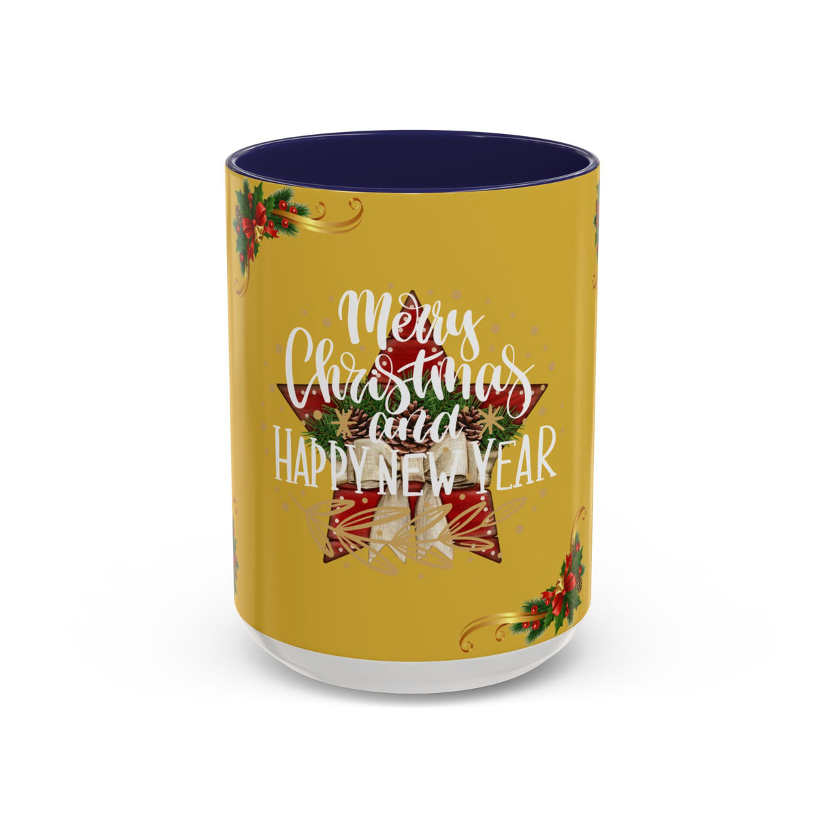 Christmas Coffee Mug - "Merry Christmas and Happy New Year" Accent Holiday Tea Cup (15oz)
