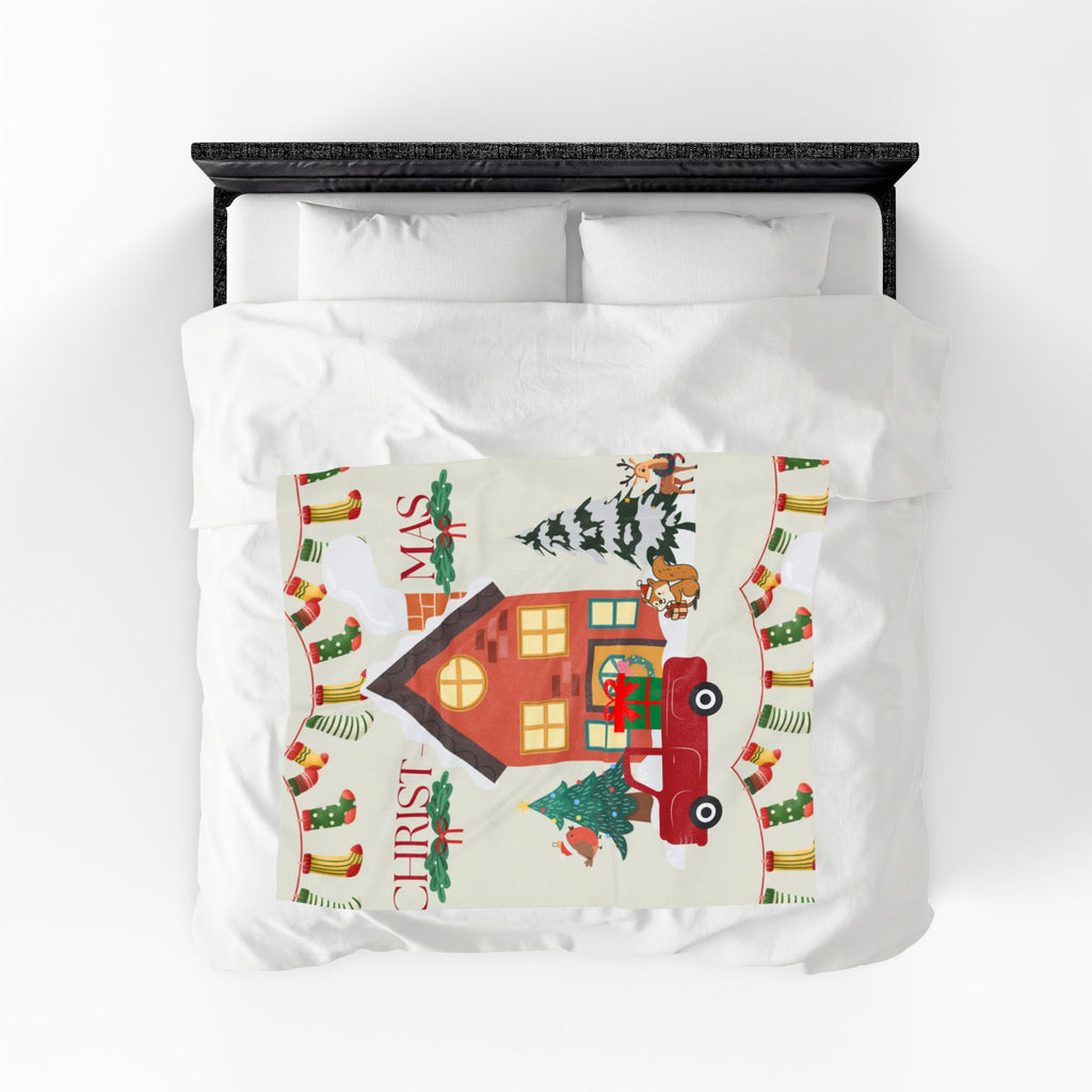 Christmas Cozy Velveteen Blanket & Holiday House Plush Throw