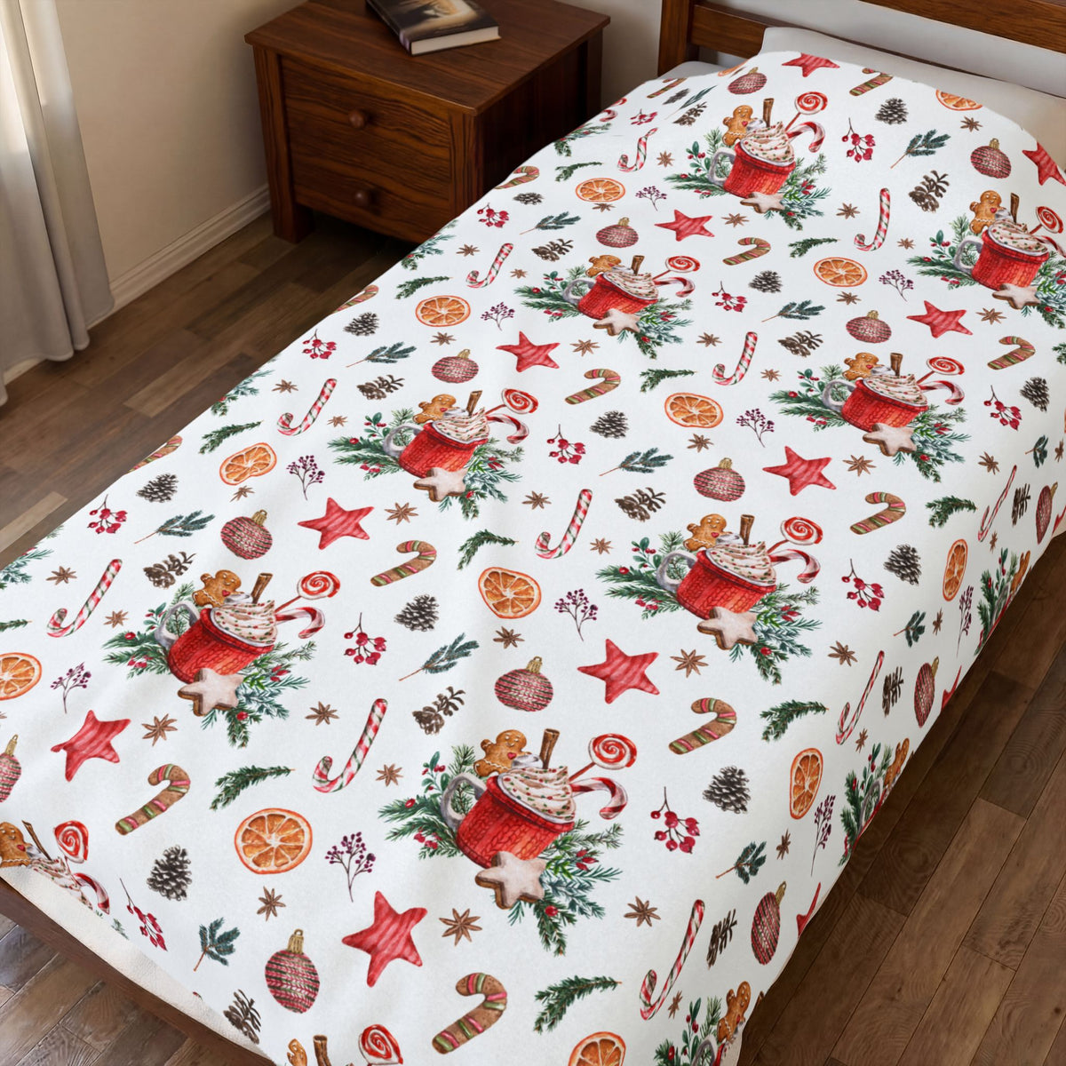Christmas Hot Cocoa Pattern Velveteen Plush Blanket — Cozy Holiday Throw with Candy Canes & Ornaments