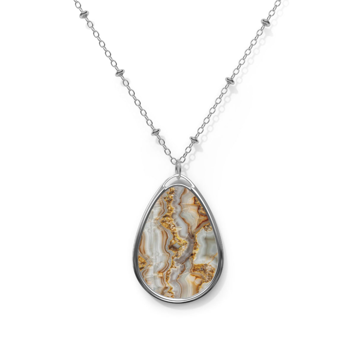 Elegant Cream & Gold Agate-Print Teardrop Pendant Necklace