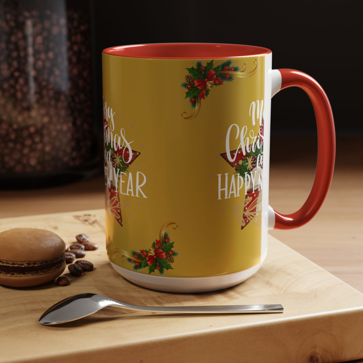 Christmas Coffee Mug - "Merry Christmas and Happy New Year" Accent Holiday Tea Cup (15oz)