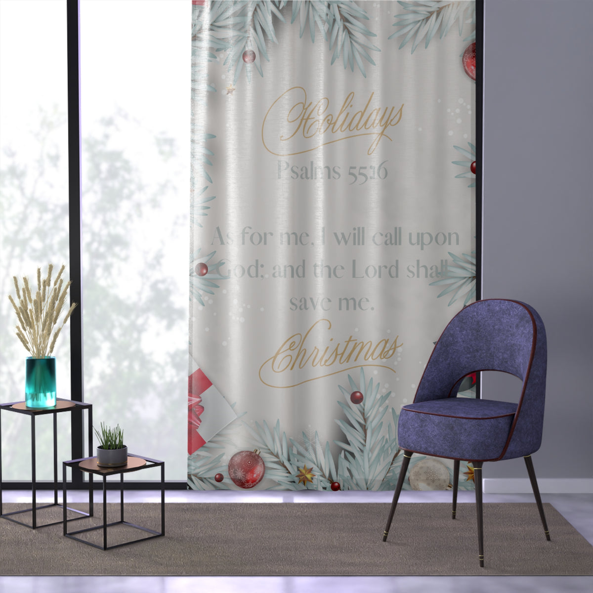 Christmas Scripture Sheer Curtain - "Psalms 55:16" Holiday Window Panel