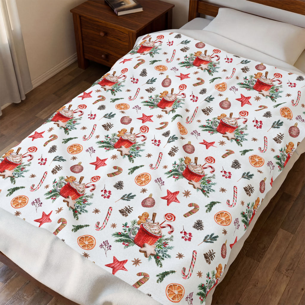 Christmas Hot Cocoa Pattern Velveteen Plush Blanket — Cozy Holiday Throw with Candy Canes & Ornaments