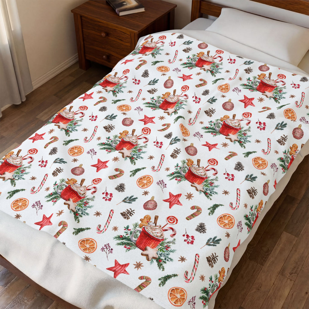 Christmas Hot Cocoa Pattern Velveteen Plush Blanket — Cozy Holiday Throw with Candy Canes & Ornaments