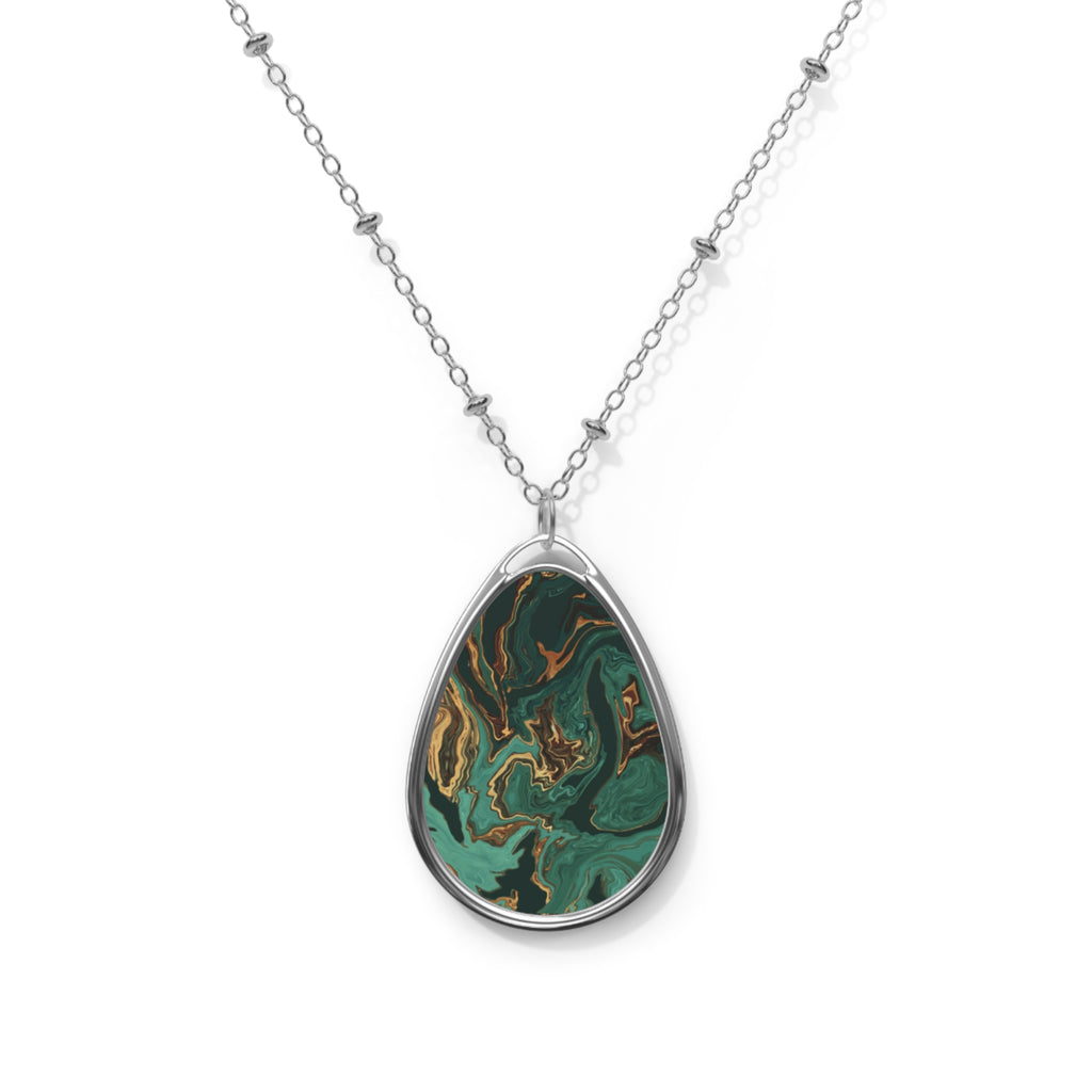 Elegant Forest Green Marble-Print Teardrop Pendant Necklace