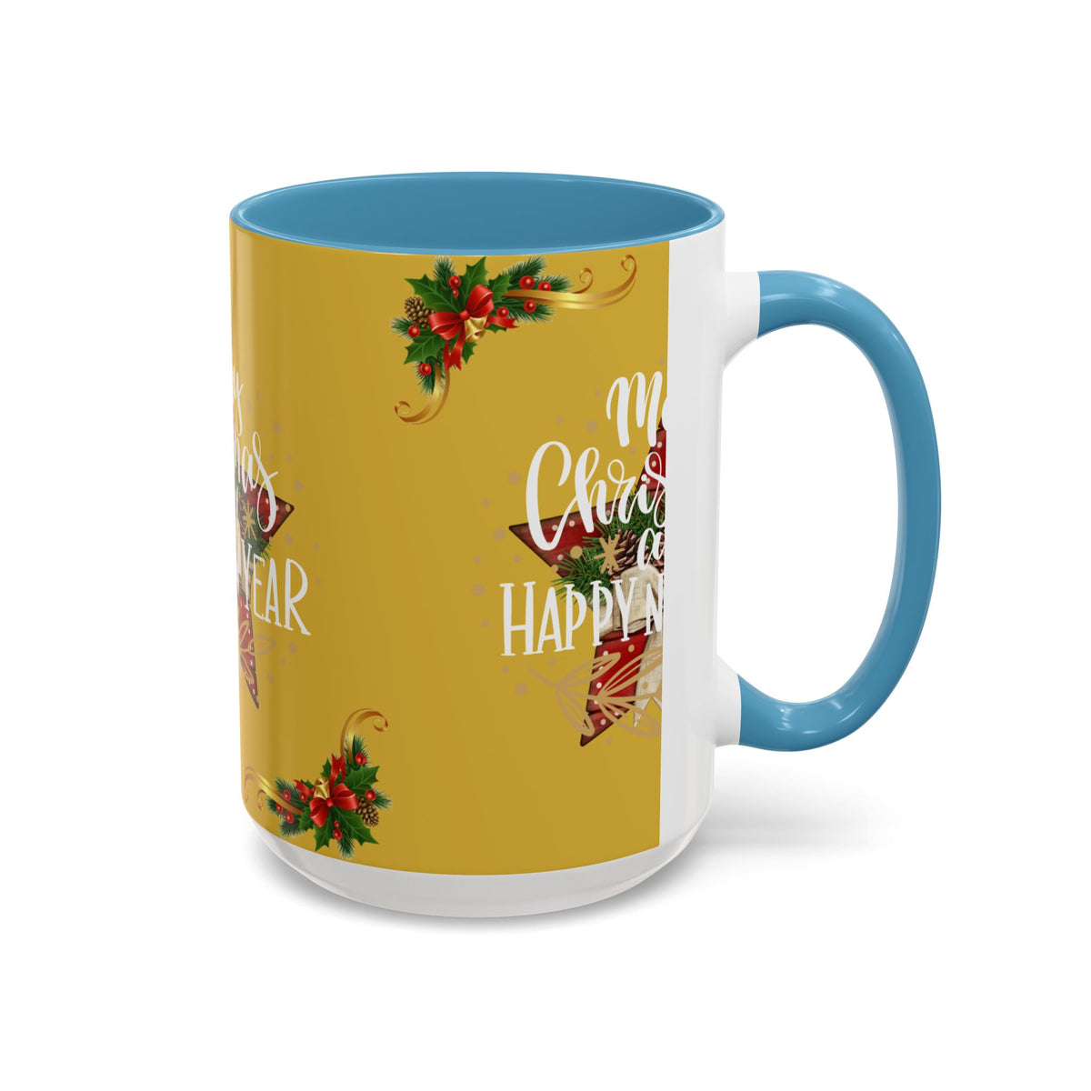 Christmas Coffee Mug - "Merry Christmas and Happy New Year" Accent Holiday Tea Cup (15oz)
