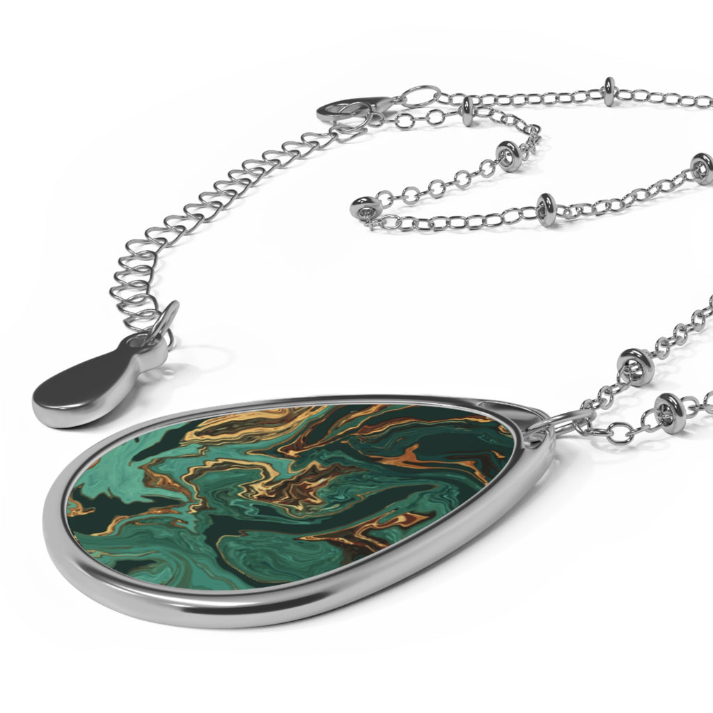 Elegant Forest Green Marble-Print Teardrop Pendant Necklace