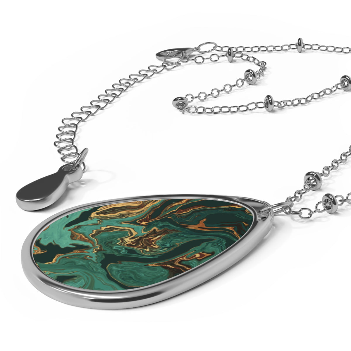 Elegant Forest Green Marble-Print Teardrop Pendant Necklace