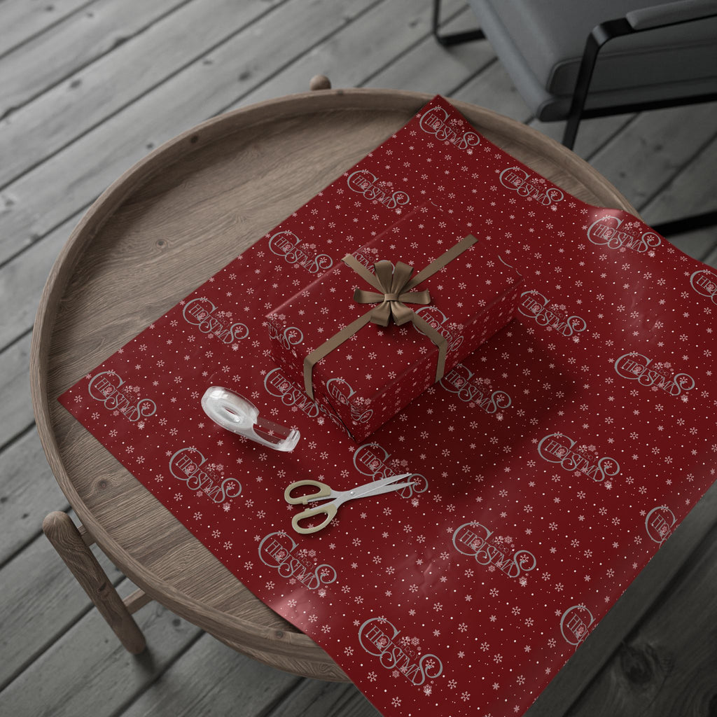 Red Christmas Wrapping Paper with Snowflakes and Holiday Ornaments