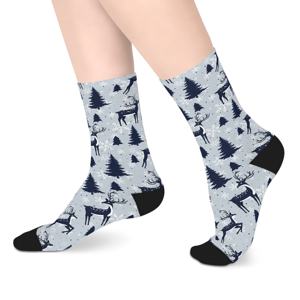 Winter Reindeer Mid-Length Socks — Snowy Forest Holiday Crew Socks