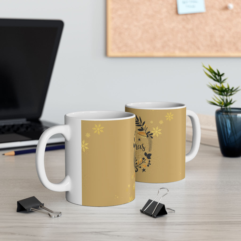 Christmas Wreath Ceramic Mug — Merry Christmas Gold Holiday Coffee Cup (11oz)