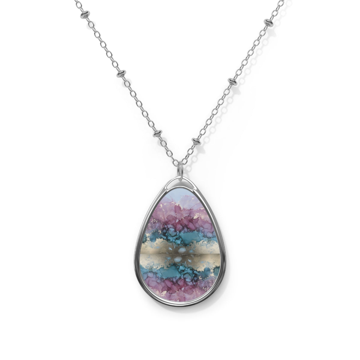 Elegant Pink & Blue Geode-Print Oval Pendant Necklace