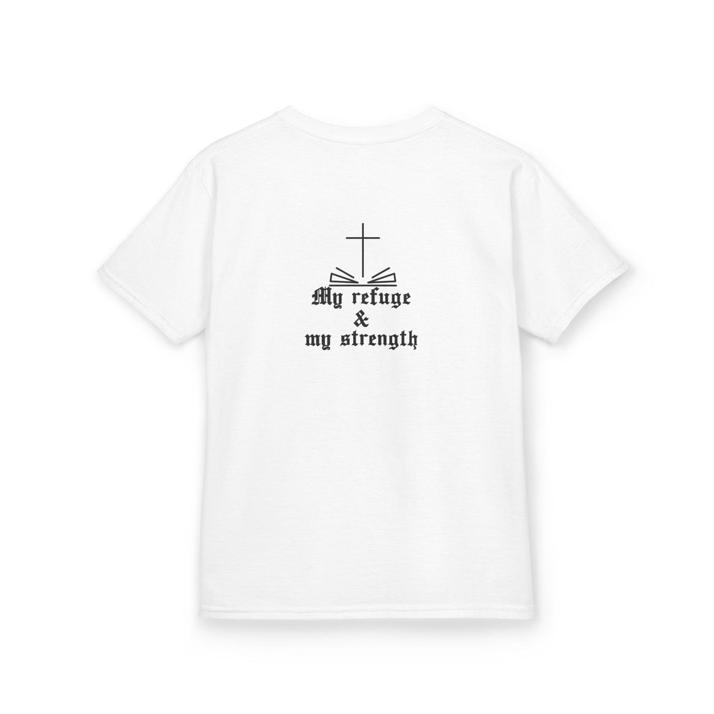 Kids Christian T‑Shirt — Gold Cross & "my refuge & my strength" Faith Tee