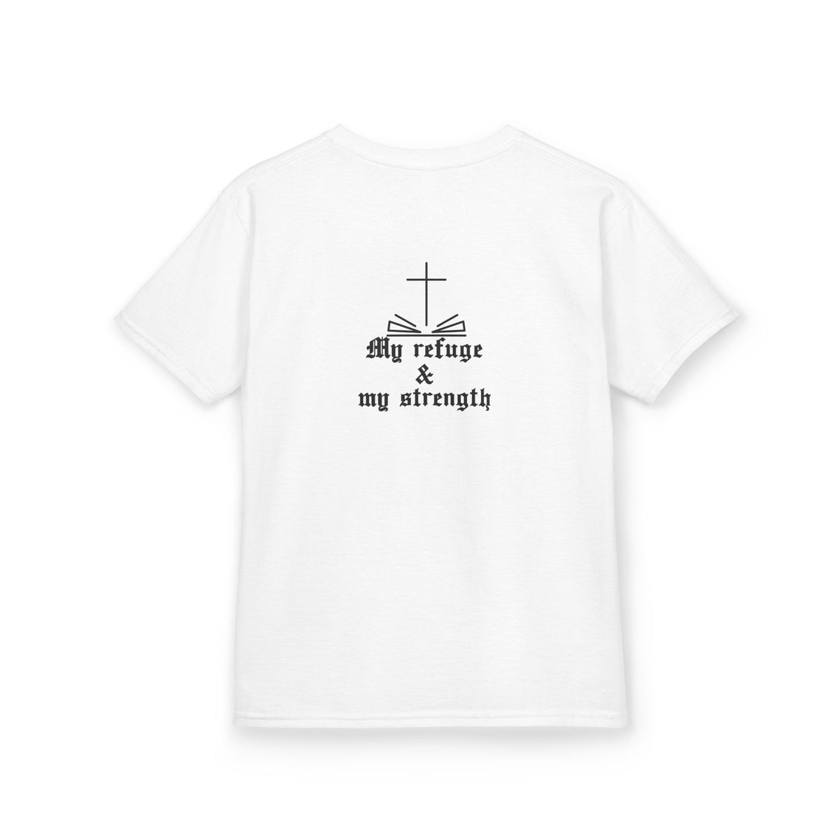 Kids Christian T‑Shirt — Gold Cross & "my refuge & my strength" Faith Tee