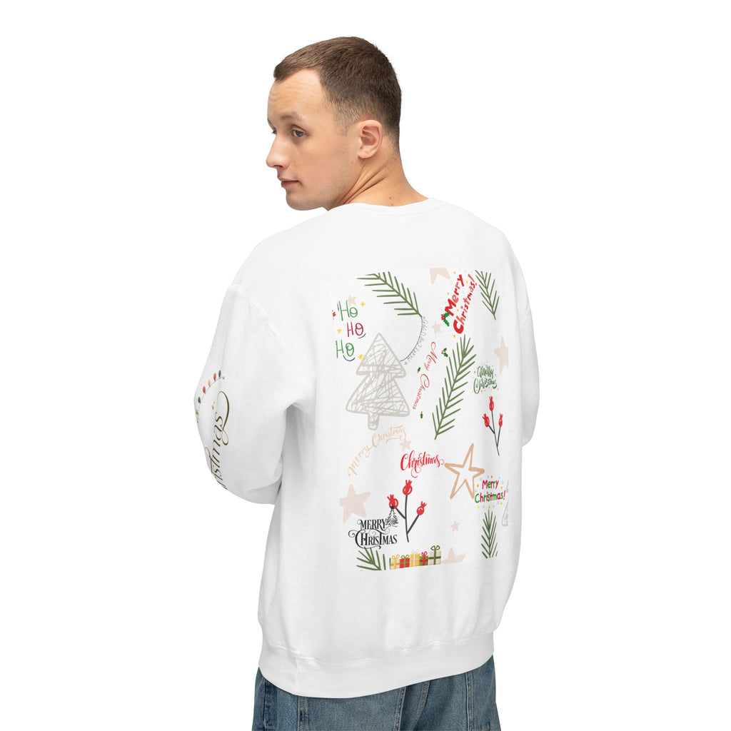 Christmas Graphic Crewneck Sweatshirt — Merry Christmas Holiday Sweater with Festive Sleeve Prints