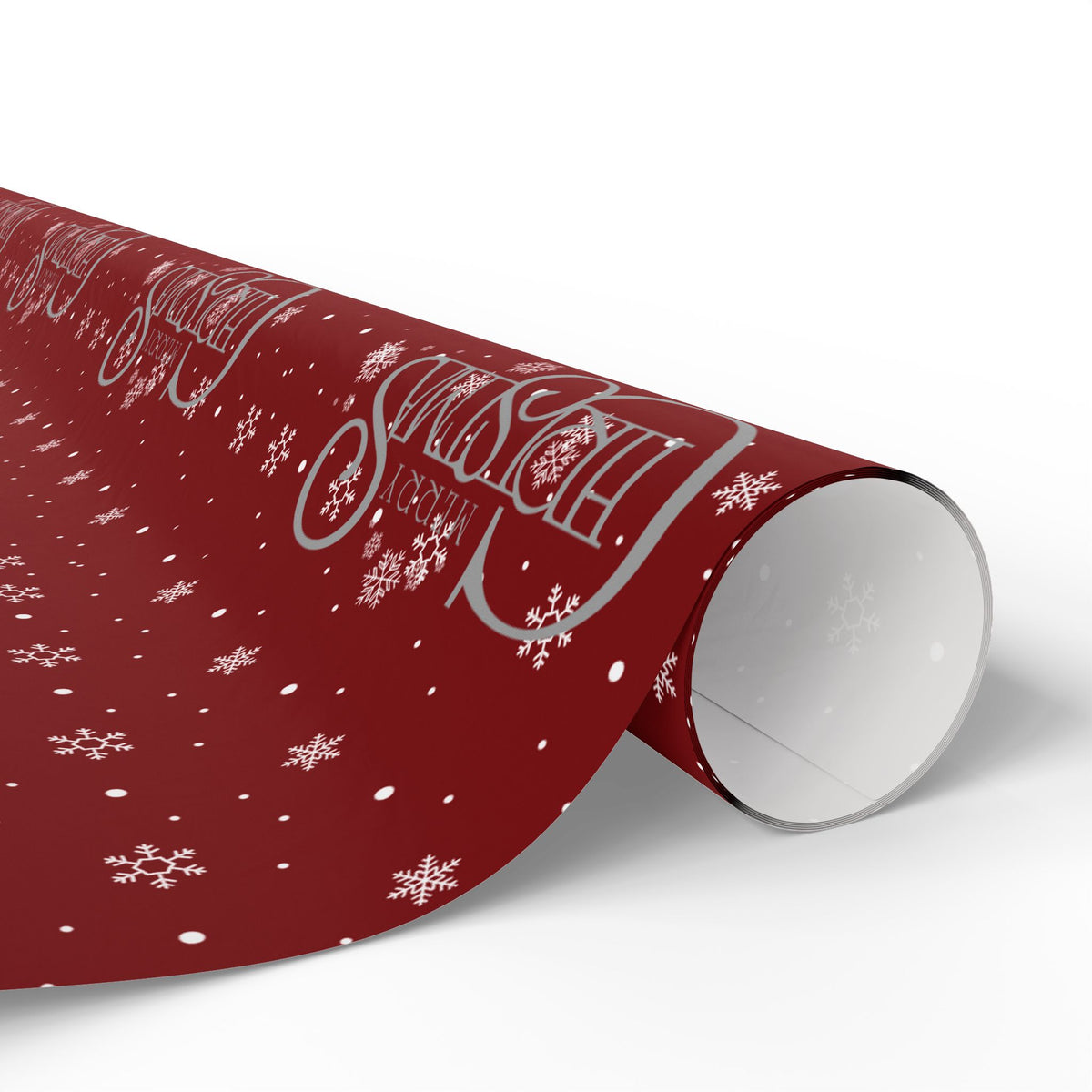 Red Christmas Wrapping Paper with Snowflakes and Holiday Ornaments