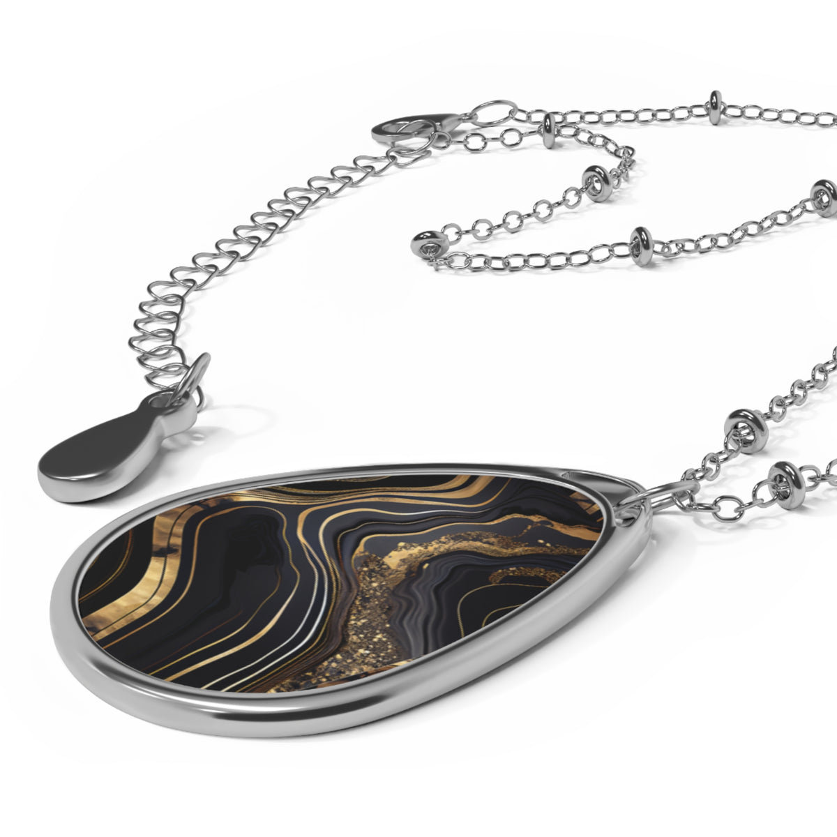 Elegant Black & Gold Agate-Print Teardrop Pendant Necklace