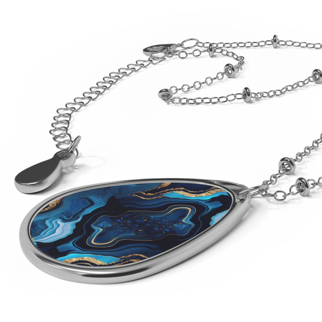 Elegant Blue Agate-Print Oval Pendant Necklace