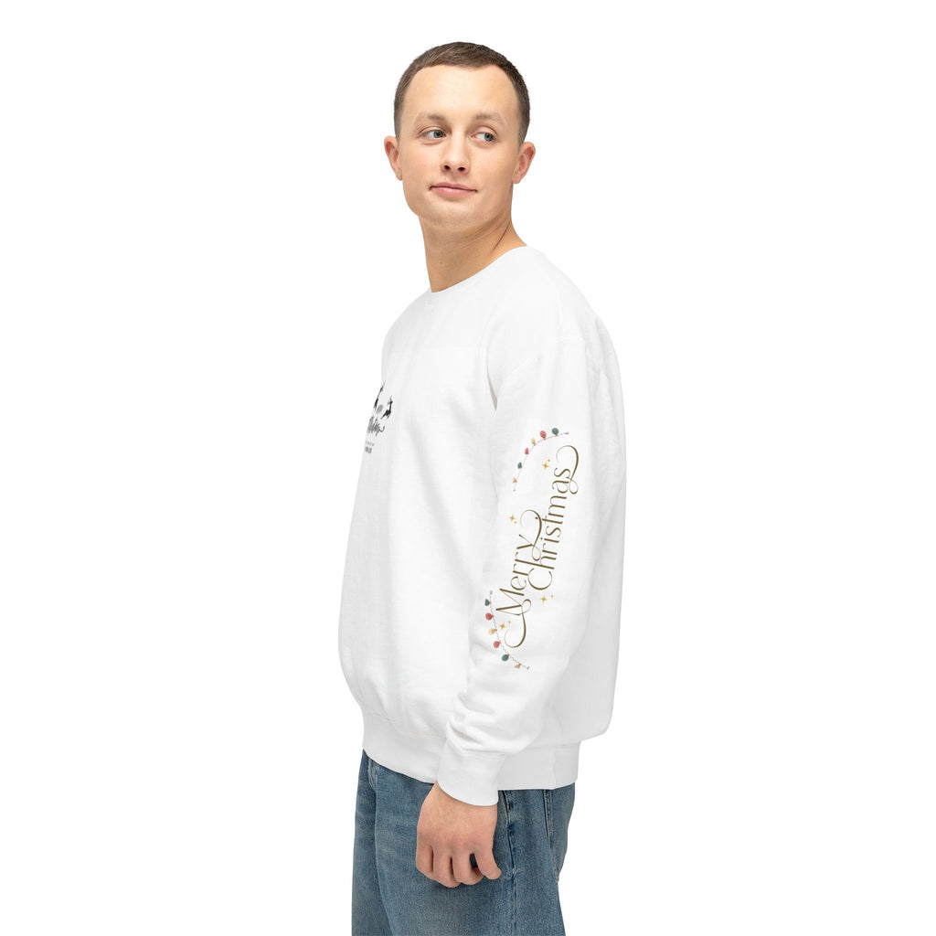 Christmas Graphic Crewneck Sweatshirt — Merry Christmas Holiday Sweater with Festive Sleeve Prints