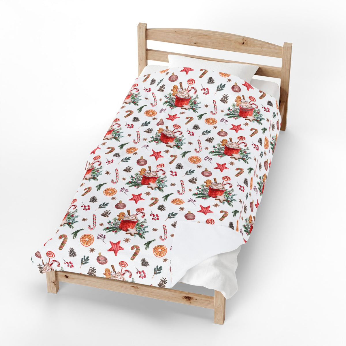 Christmas Hot Cocoa Pattern Velveteen Plush Blanket — Cozy Holiday Throw with Candy Canes & Ornaments