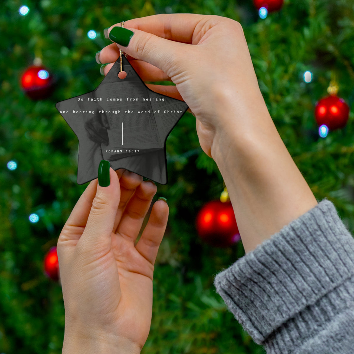 Christian Scripture Star Ornament — Romans 10:17 Ceramic Christmas Ornament