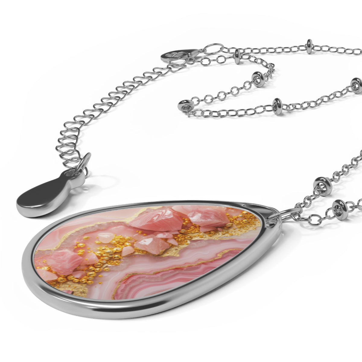 Elegant Pink Agate-Print Teardrop Pendant Necklace
