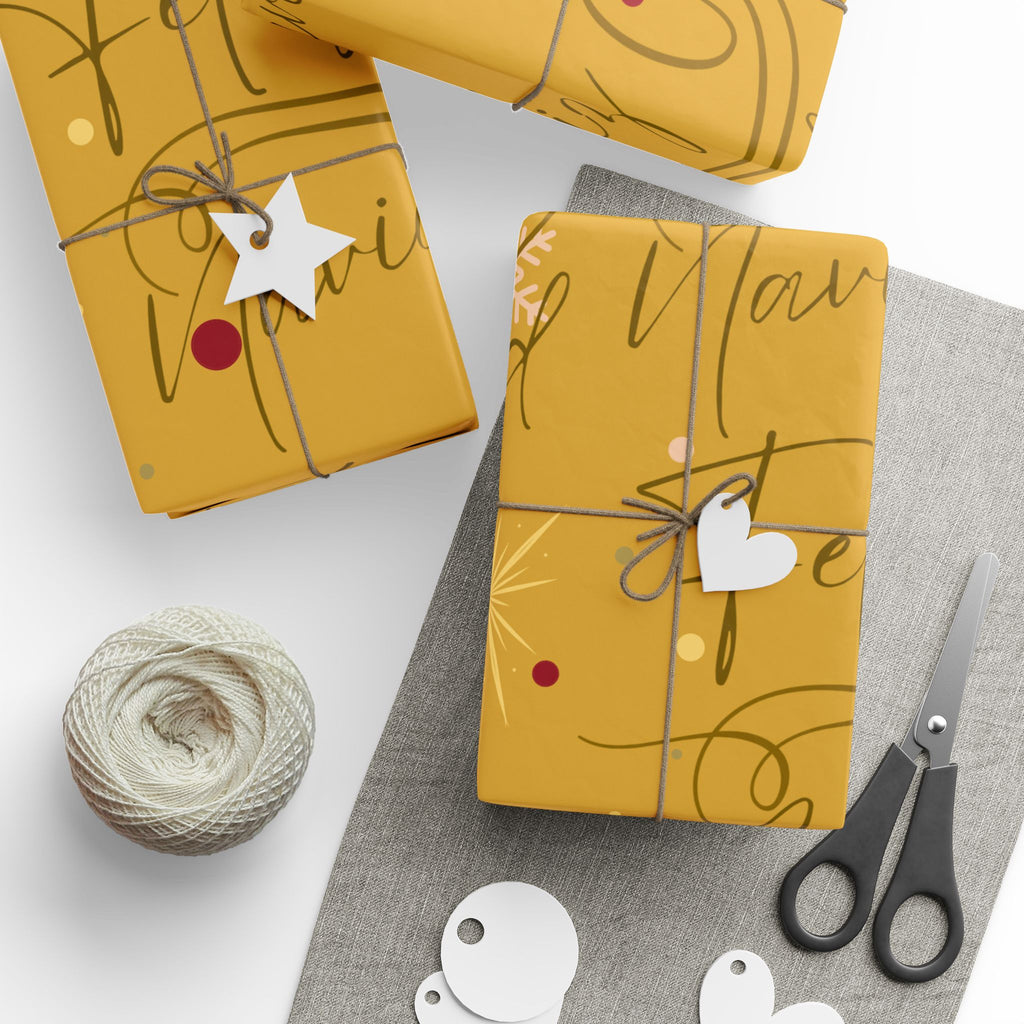 Christmas Wrapping Paper – “Feliz Navidad” Gold Holiday Gift Wrap with Evergreen & Snowflake Pattern