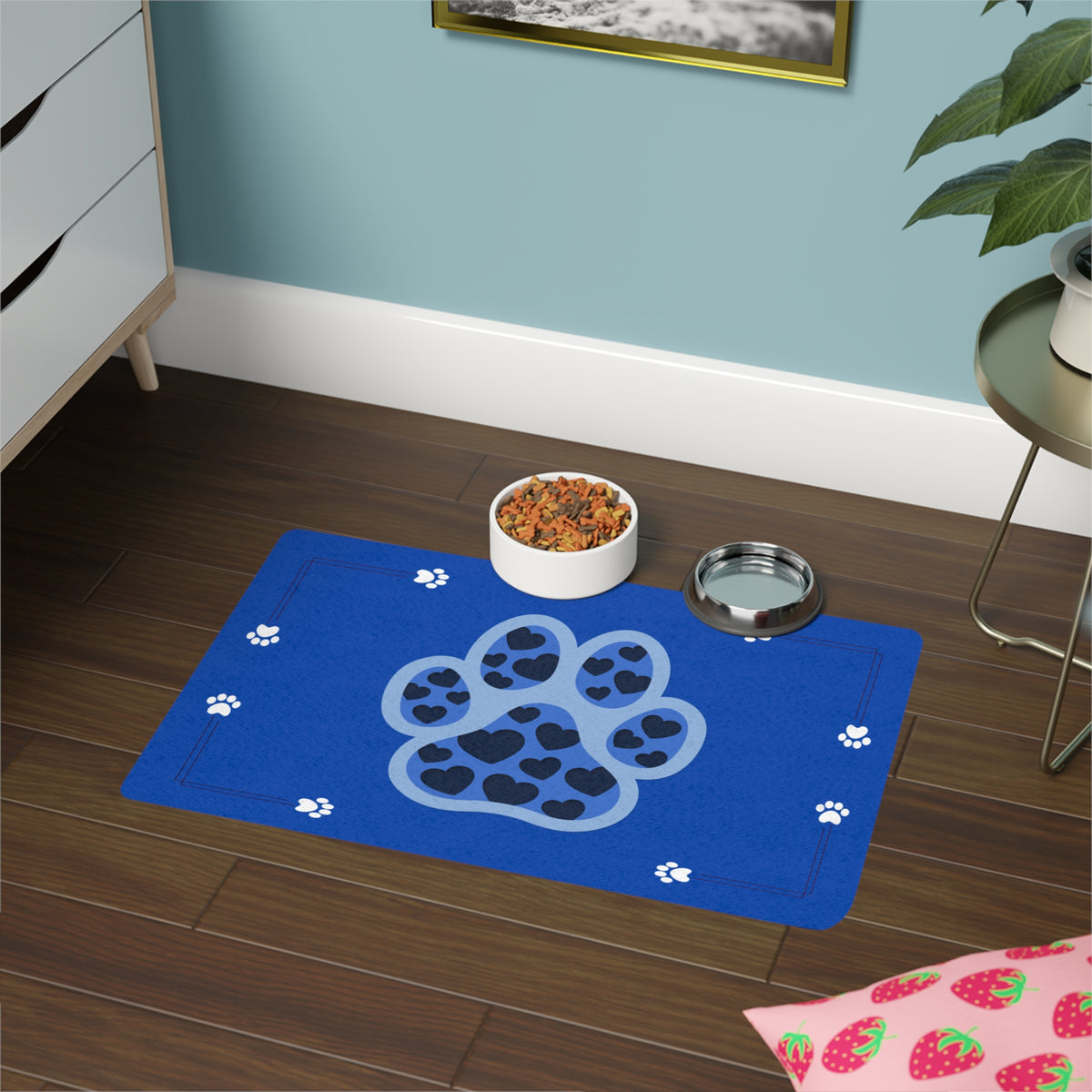 Blue Paw Print Lovely Pet Food Mat (12x18) — Non-Slip Feeding Placemat for Dogs & Cats