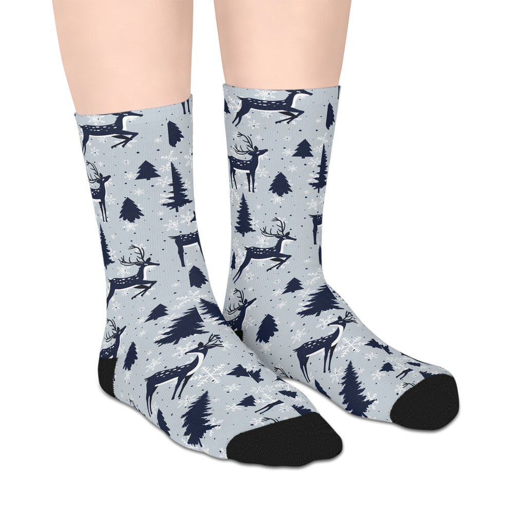 Winter Reindeer Mid-Length Socks — Snowy Forest Holiday Crew Socks