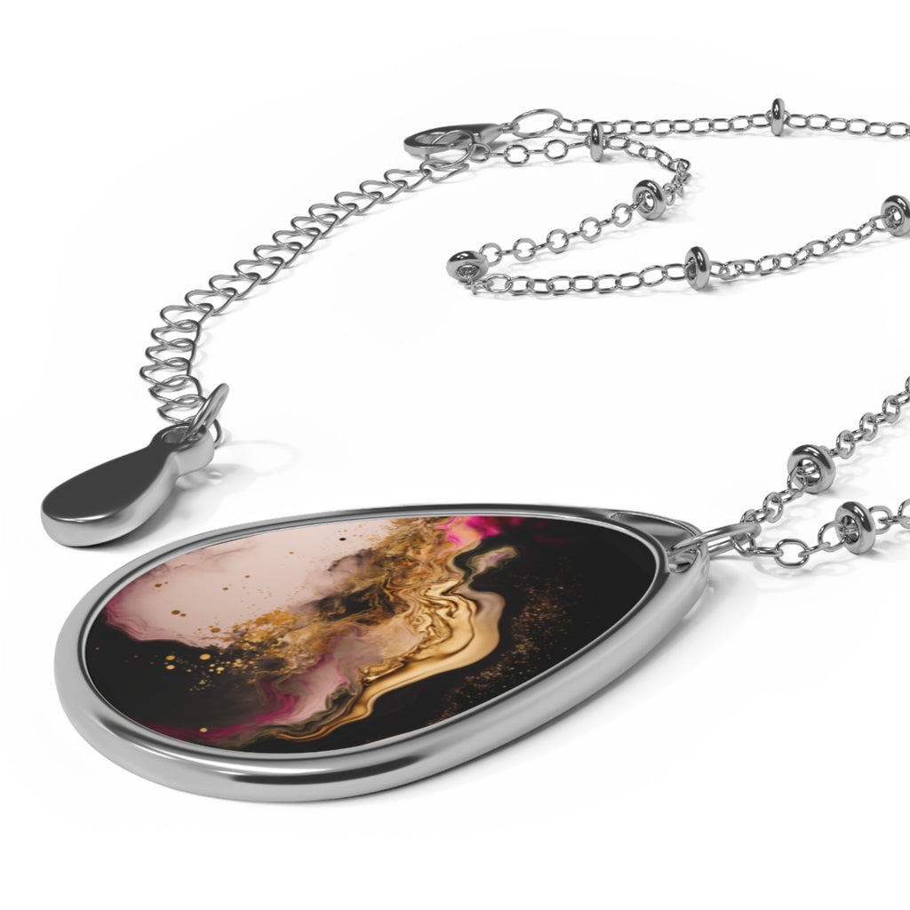 Elegant Black & Gold Marble-Print Oval Pendant Necklace
