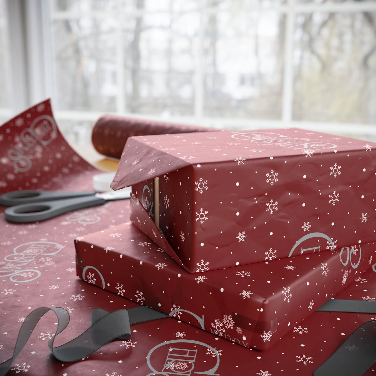 Red Christmas Wrapping Paper with Snowflakes and Holiday Ornaments