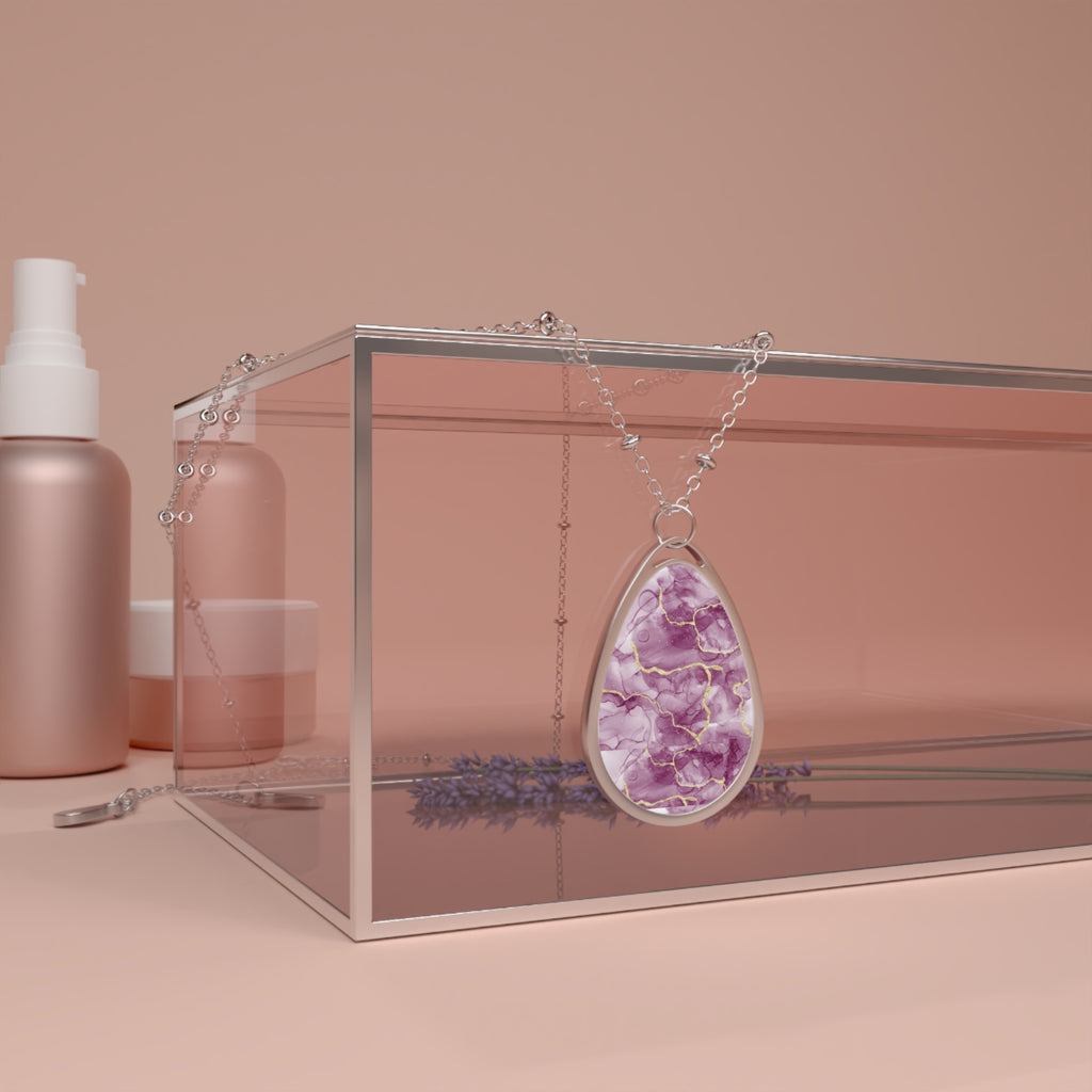 Elegant Pink Marble-Print Teardrop Pendant Necklace